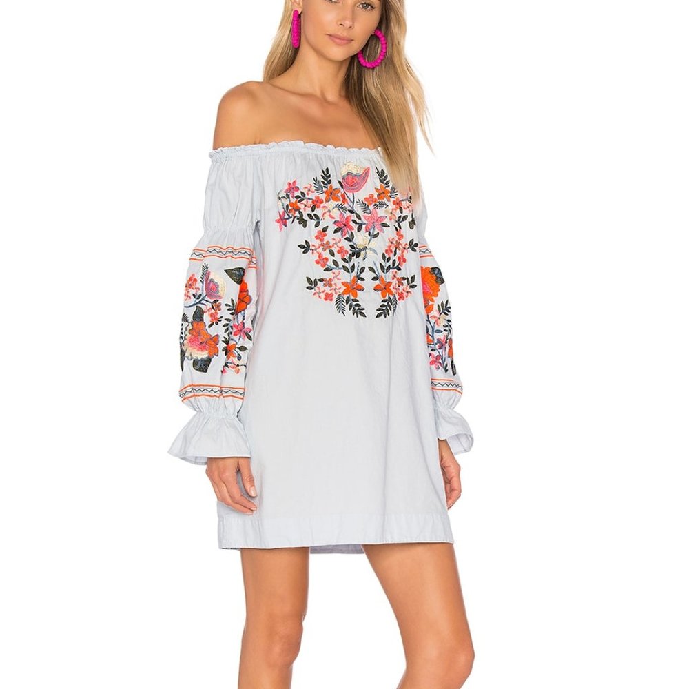Free People Fleur De Jour Mini Shift Boho Dress White Floral Embroidered Size S